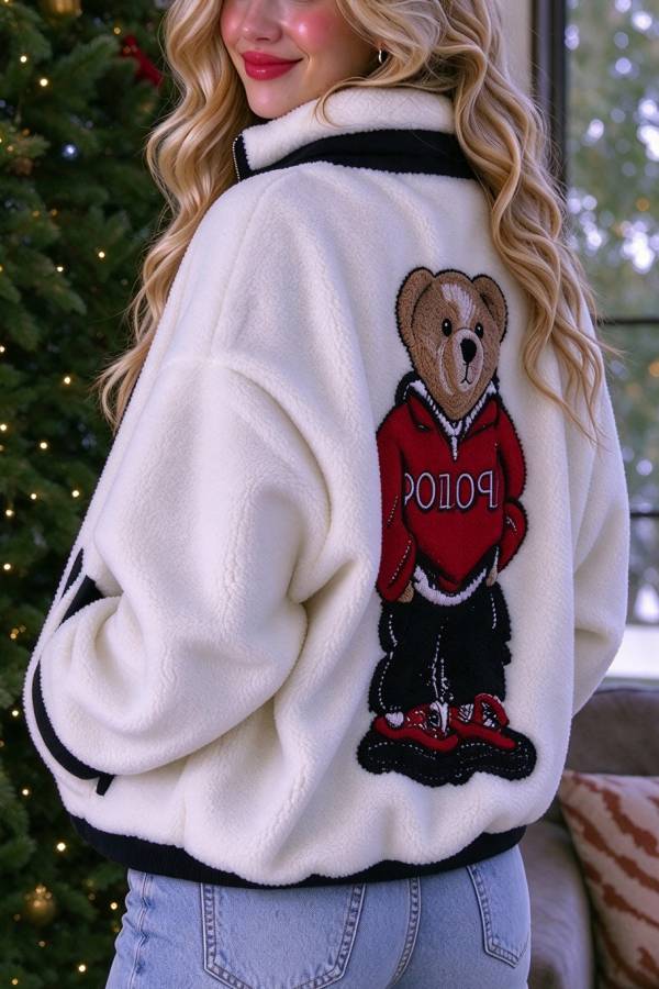 Cute Bear Print Colorblock High-Pile Fleece Zipper High Neck Long Sleeve Pocket Sweatshirts