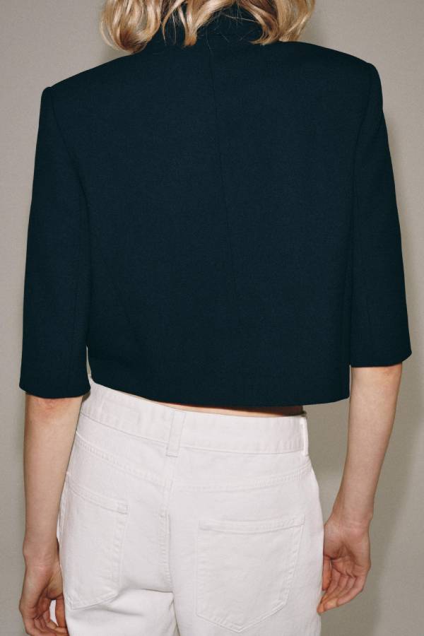 Navy Stand Collar Cropped 1/2 Sleeve Blazer