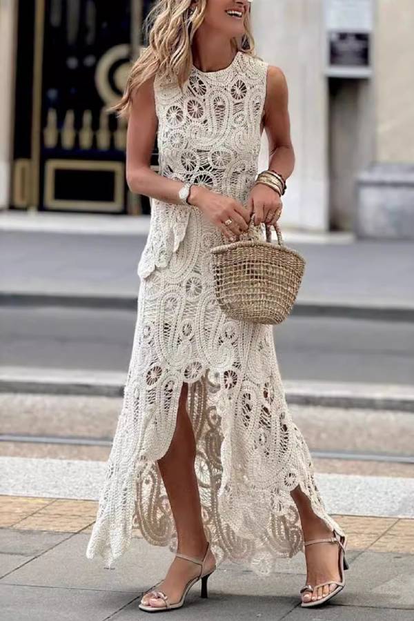 Sleeveless Hollow Crochet Lace Two Piece Maxi Skirt Set