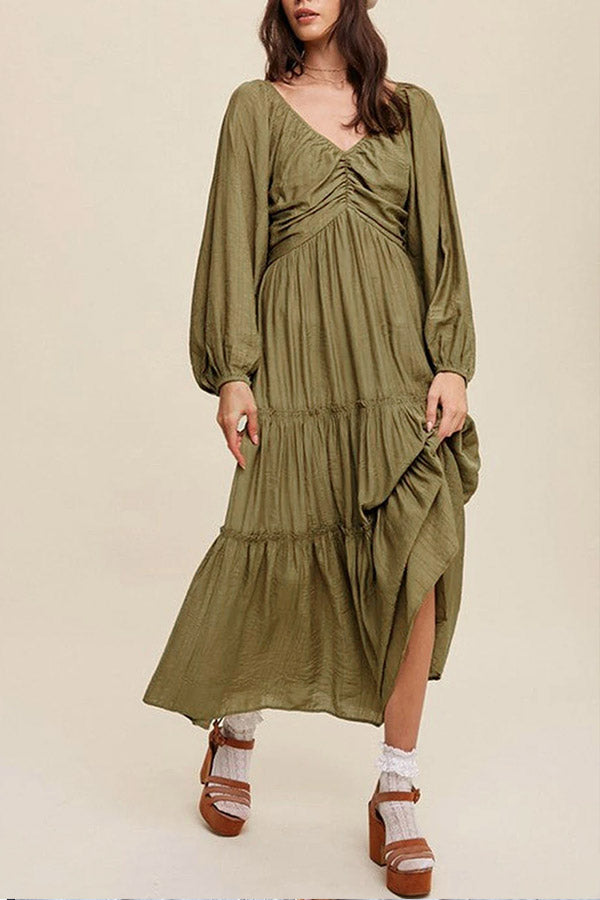 Green V Neck Bowknot Cutout Frill Tiered Maxi Dress