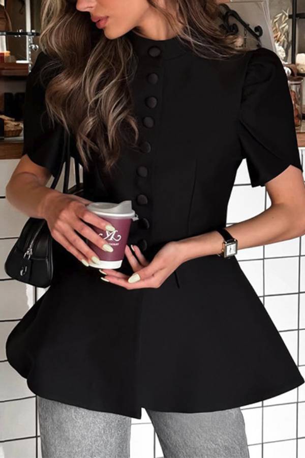Stand Collar Puff Sleeve Peplum Top
