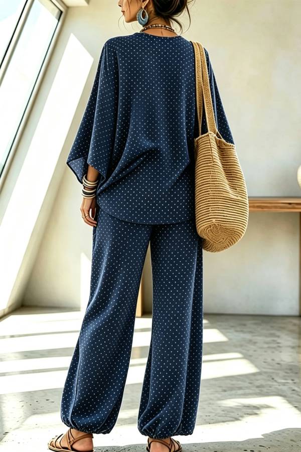 Retro Style Polka Dot Print Batwing Sleeve Top and Elastic Waist Loose Jogger Pants Set