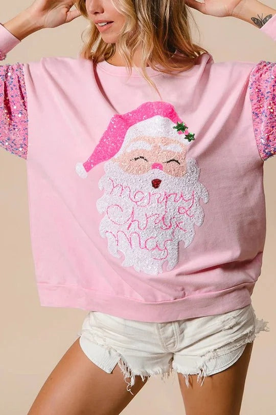 Pink Big Santa Sequin Sleeve Sweatshirt