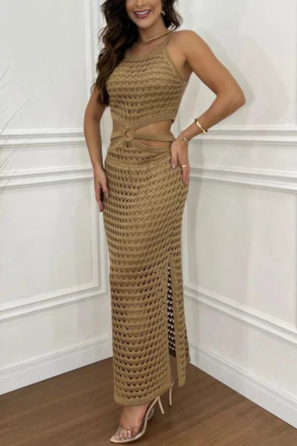 Stunning Gaze Knit Texture Ring Side Waist Cutout Stretch Maxi Dress(Note: top without lined, you can bring your own bra)