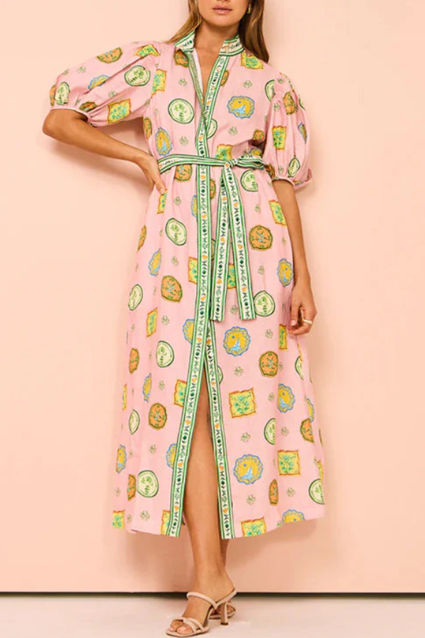 Lantern Sleeves Button Down Tie Waist Printed Midi Shirt Dress