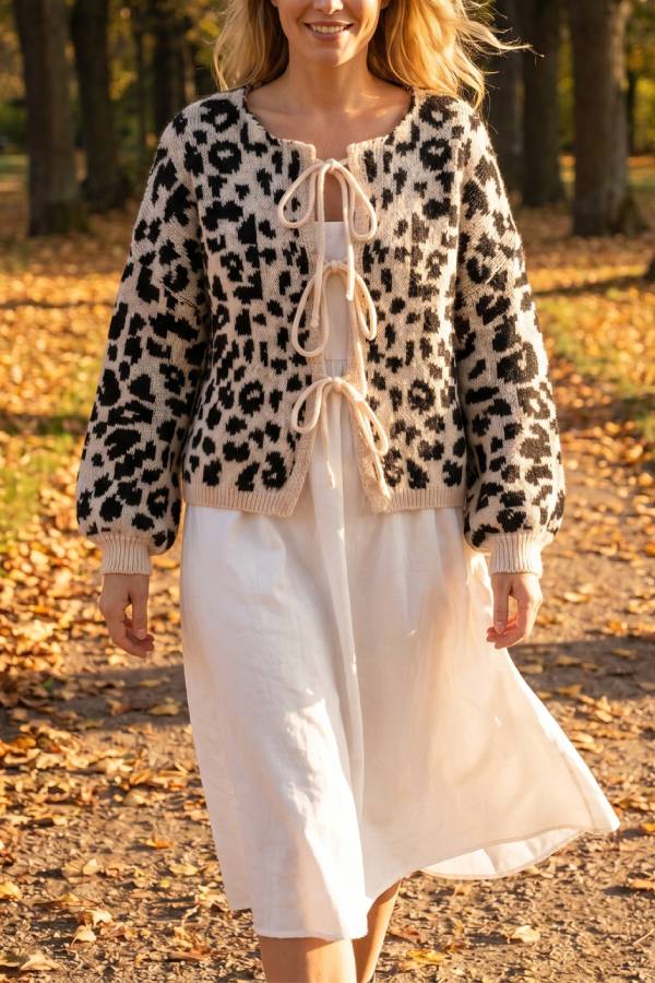 Leopard Print Bow‑Tie Short Knit Cardigan
