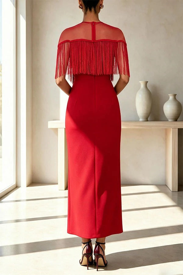 Elowyn Mesh Tiered Tassel Patchwork Round Neck Cape Sleeve Midi Dress