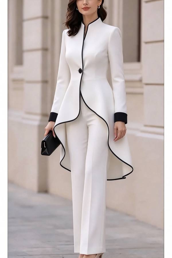 Nayla Color Block Trim Stand Neck Long Sleeve Button High Low Hem Top and Elastic Waist Flare Pants Set