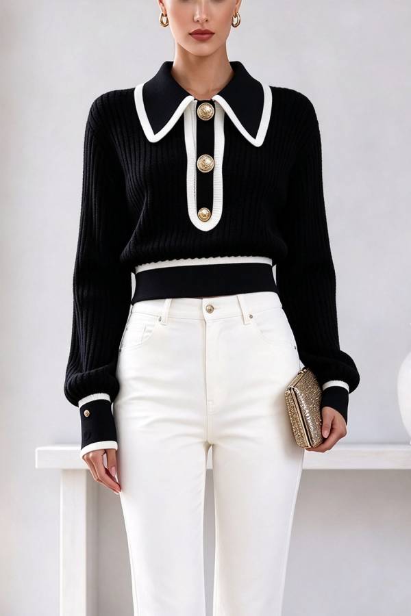 Olivia Knit Top with Contrast Piping and Collar