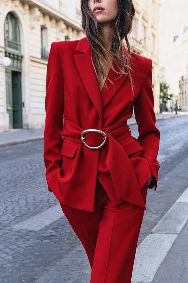 Elena Deep-V Gold-Buckle Cinched-Waist Blazer