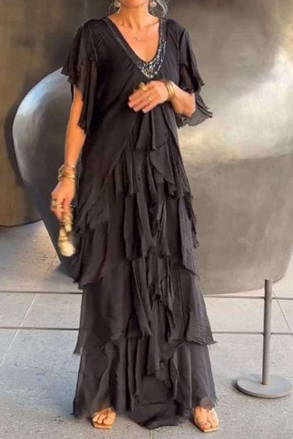 Elegant V-neck Fashionable Cake Long Dress
