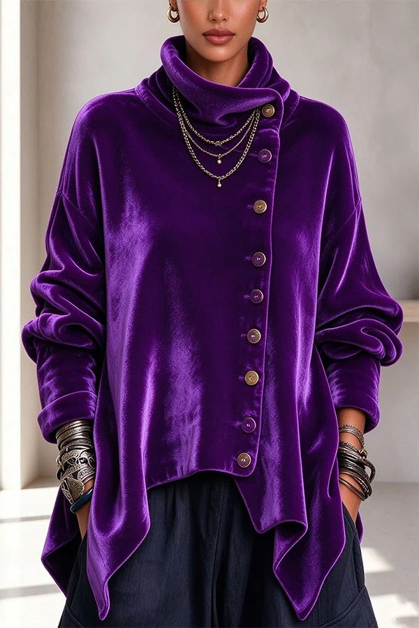 Casual Chic Velvet High Neck Long Sleeve Button Detail Asymmetrical Hem Top