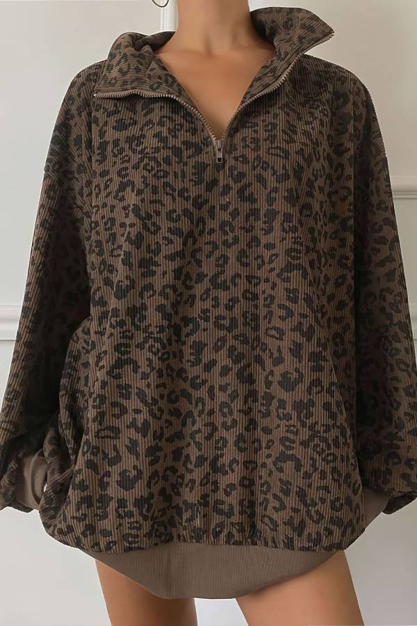 Leopard Corduroy Half‑Zip Oversized Sweatshirt