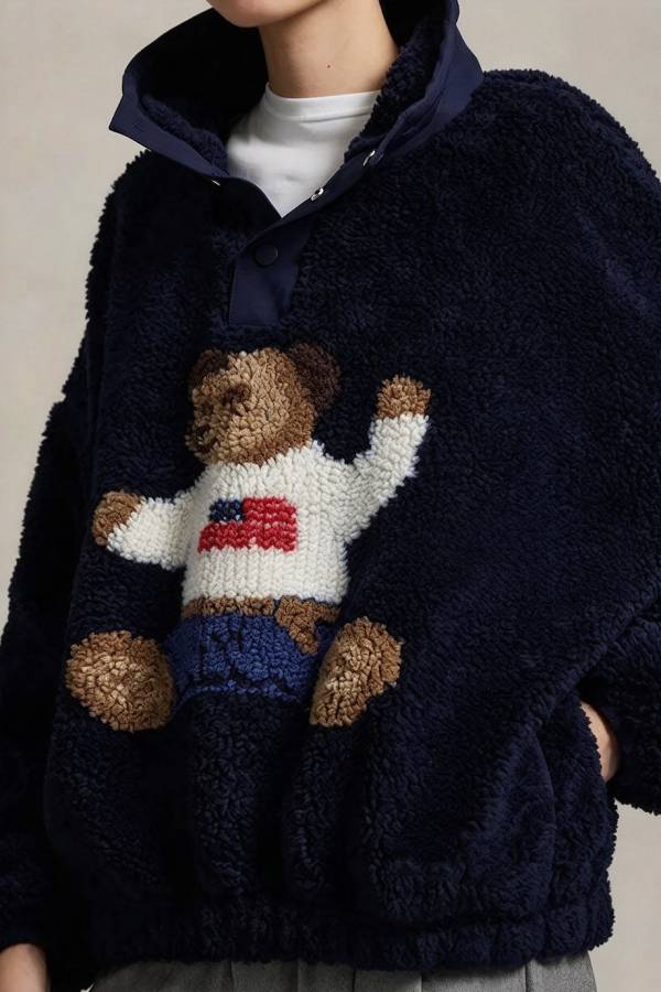 American Retro Polo Bear Pattern Stand Button Neck Long Sleeve Fleece Pullover