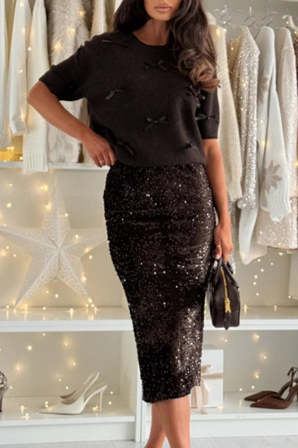 Light The Night Knit Satin Bow Detail Short Puff Sleeve Sweater