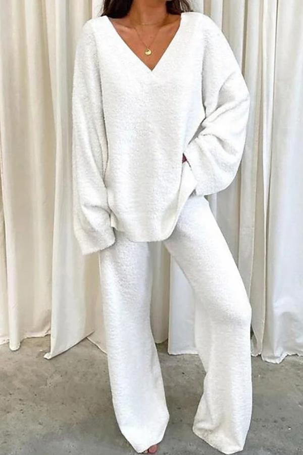Comfortable Solid Color V-neck Daily Two-piece Set