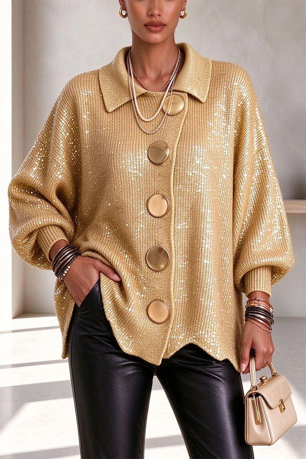Metallic Sequin Button Up Long Balloon Sleeve Wavy Hem Loose Cardigan