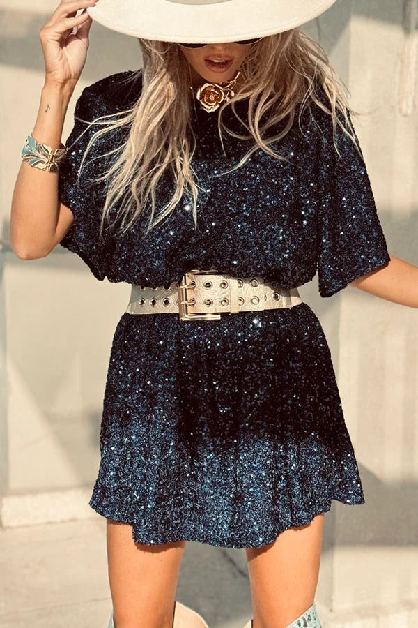 Night Moves Sequin Fabric Short Sleeve Backless H-line Mini Dress