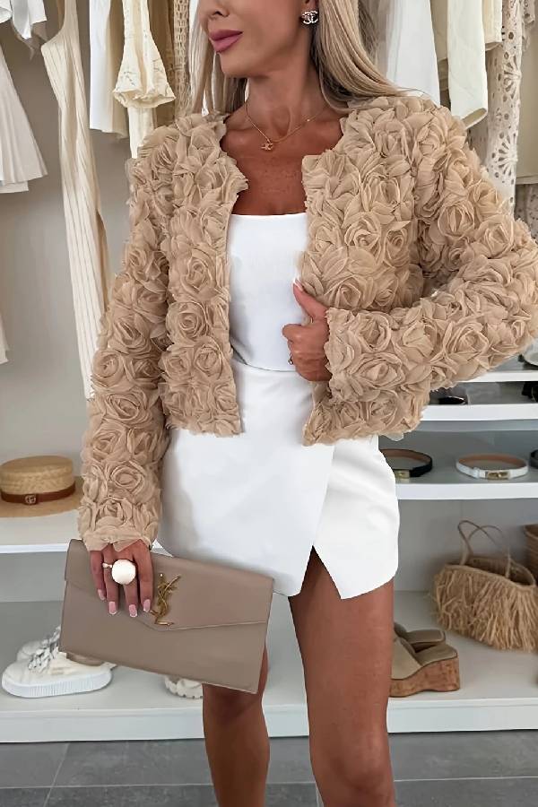 3D Floral Rose Cropped Open Front Jacket