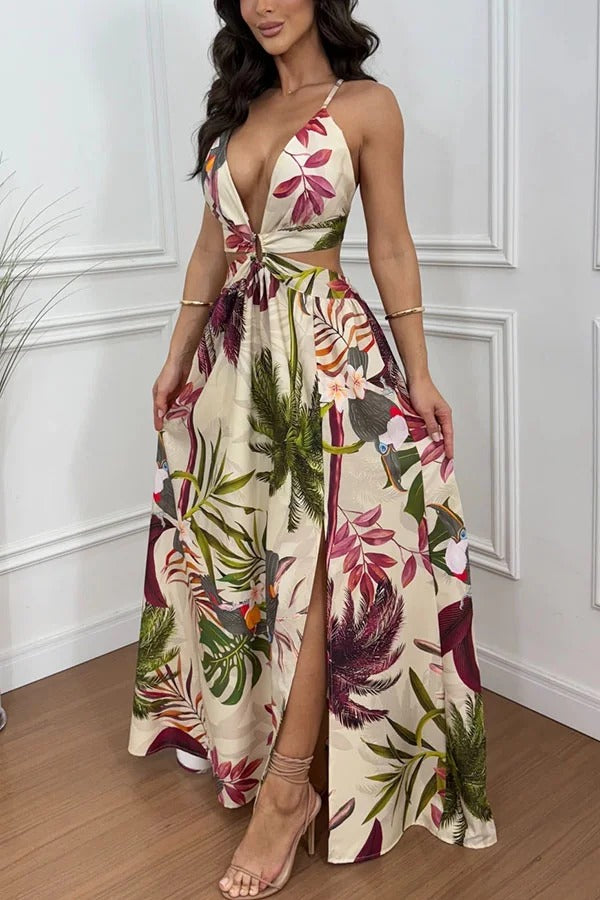 Seinah Floral Print Cutout Waist Open Back Lace-up Slit Maxi Dress