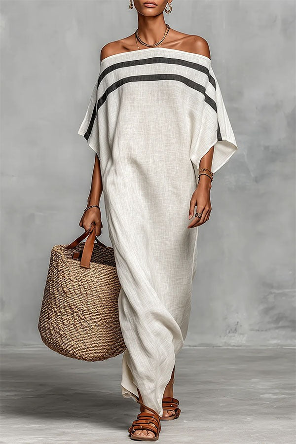 Bella Linen Blend Striped Print Off Shoulder Half Wide Sleeve Loose Maxi Dress