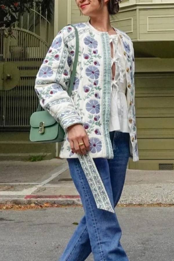 Vintage Floral Quilted Belted Cotton Jacket