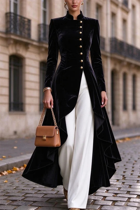 Napoleon Style Velvet Stand Neck Button Long Sleeve High Low Hem Midi Coat