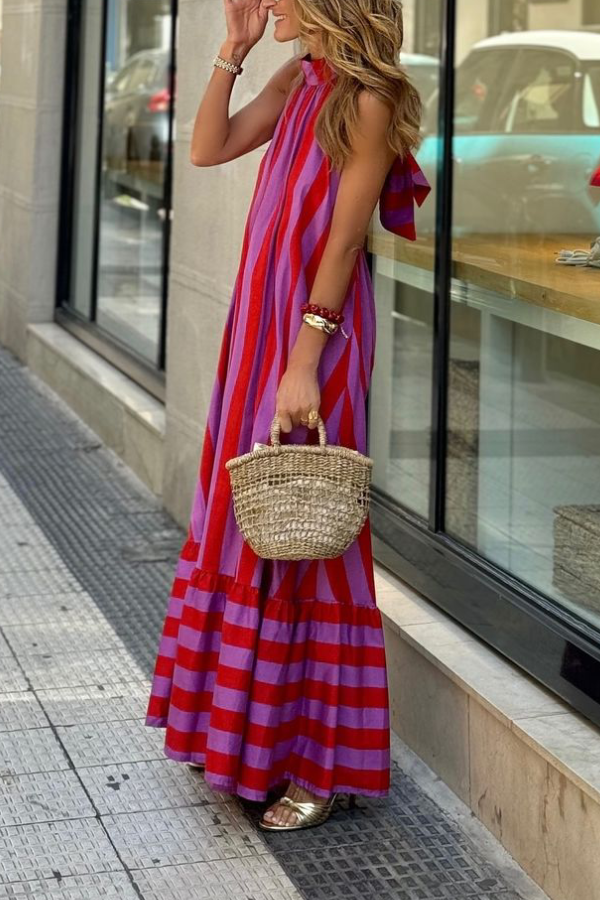 Casual Red Striped Loose Backless Long Dress