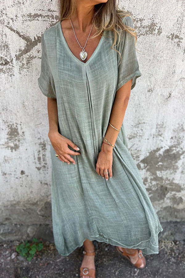 V Neck Loose Fit Cotton Linen Midi Dress