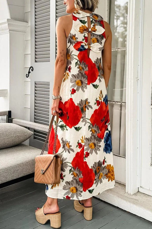 Crimson Poppy Linen Blend Back Elegant Bow Details Loose Maxi Dress