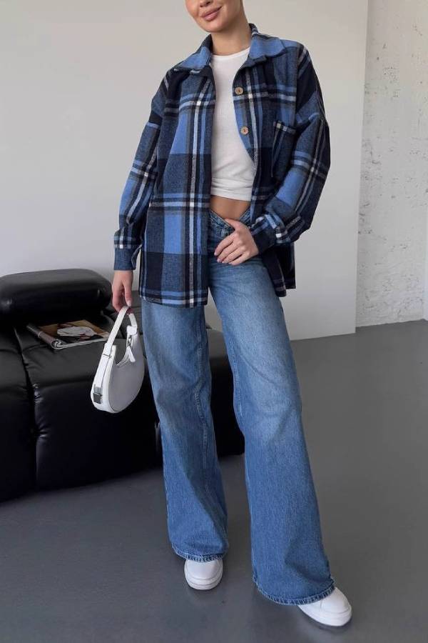 Vintage Plaid Oversized Flannel Shirt Jacket