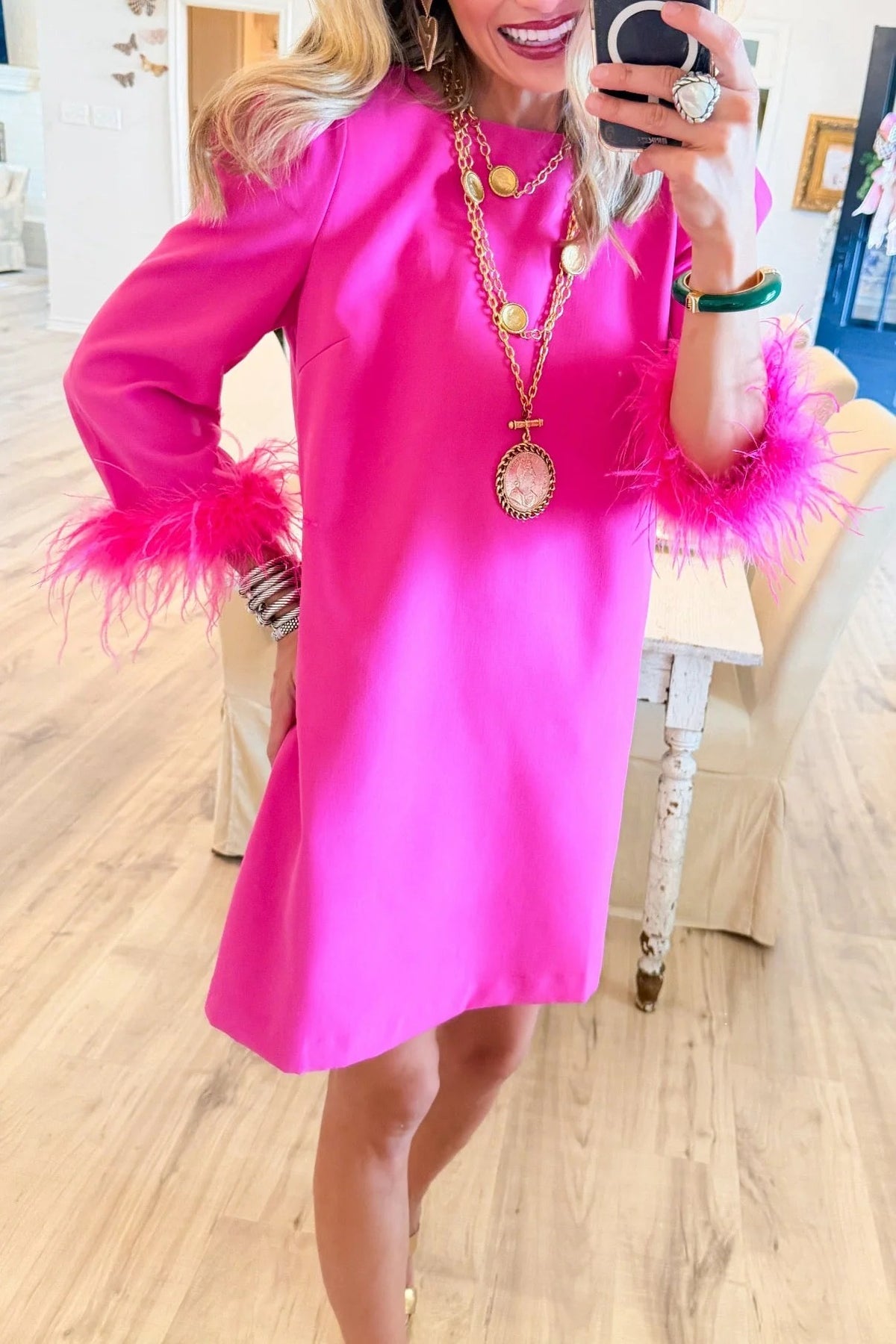 Hot Pink Feather Trim Shift Dress