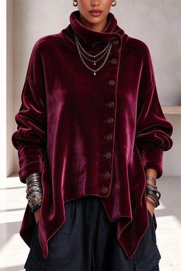 Casual Chic Velvet High Neck Long Sleeve Button Detail Asymmetrical Hem Top