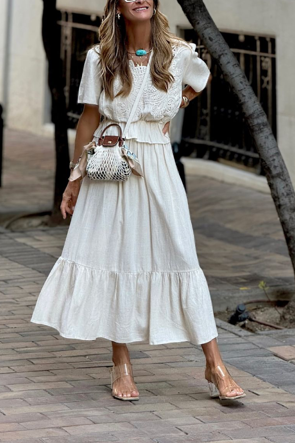 White Waisted Mid-length Sleeve Top and Loose Long Skirt Two-piece Set