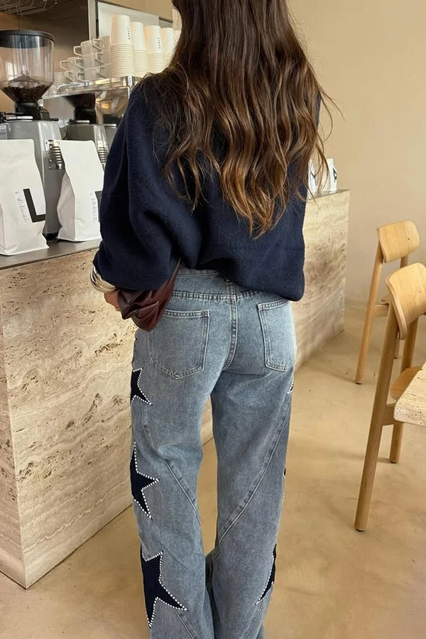 Jessy Denim Mid Rise Side Star Pattern Pocket Wide Leg Jeans