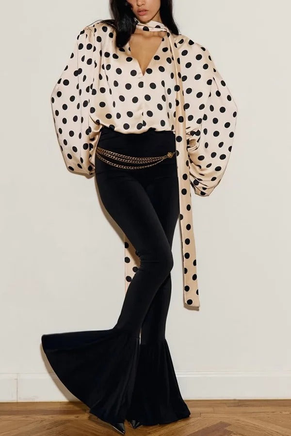 Chrissa Satin Polka Dot Print Lace Trim Tie-up Neck Balloon Sleeve Loose Blouse