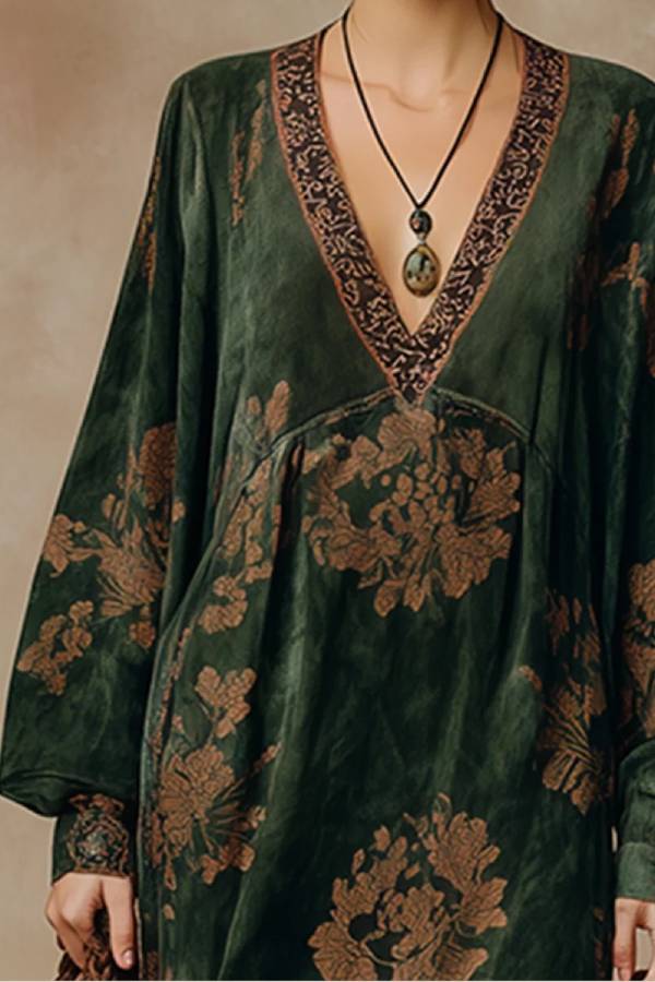 Retro Silhouette Printed Green Faux Suede Tassel Maxi Dress