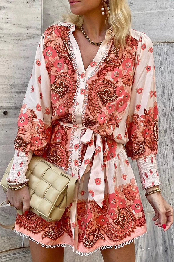Palace Print Button Smocked Sleeve Belt Mini Dress