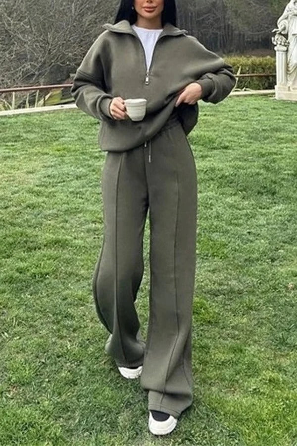 Stylish Half-open Zipper Pullover Sweatshirt and Elastic Waist Wide Leg Pants Set