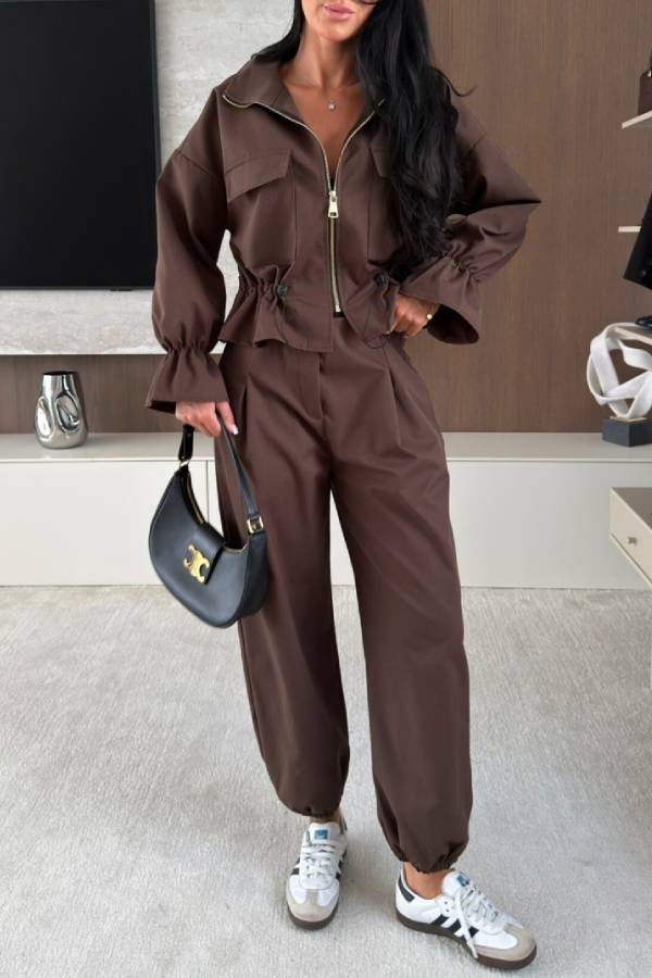 Trendy Workwear Style Drawstring Elastic Waist Long Sleeve Pocket Zipper Jacket