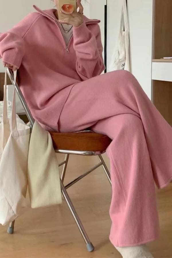 Casual Lapel Sweater and Wide-leg Pants Two-piece Suit