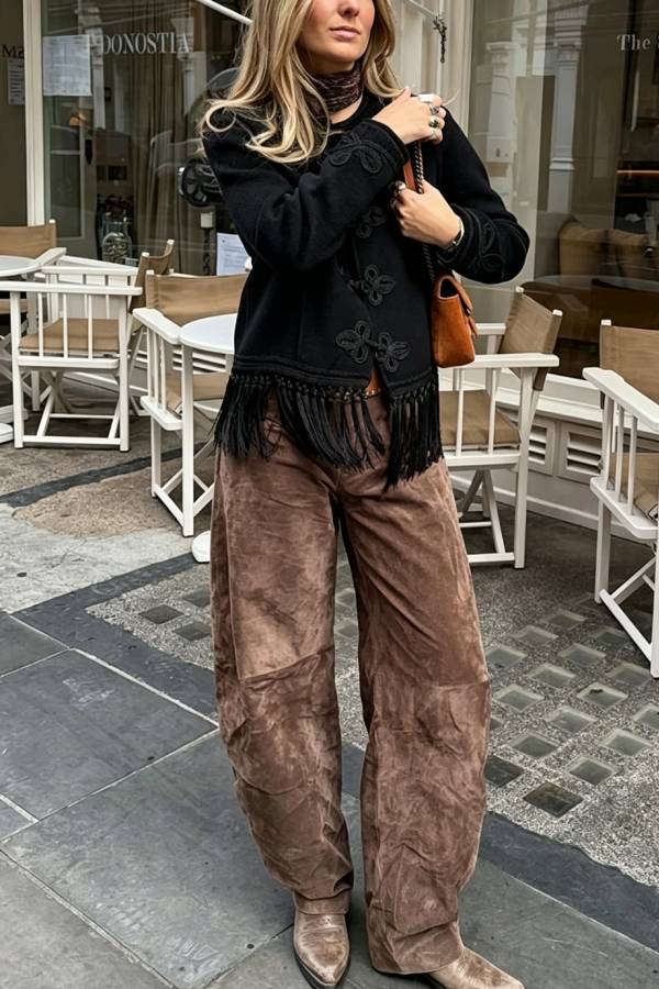 Vintage Bohemian Style Embroidered Tassel Trim Long Sleeve Jacket