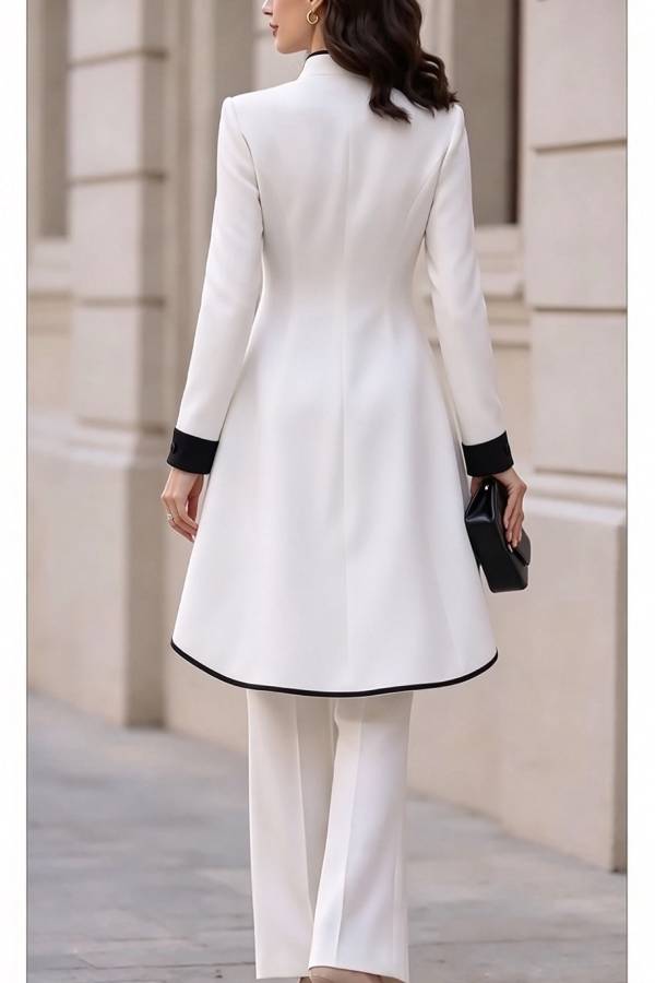 Nayla Color Block Trim Stand Neck Long Sleeve Button High Low Hem Top and Elastic Waist Flare Pants Set