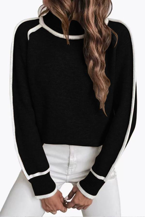 Women's Color Block White Trim Turtleneck Raglan Long Sleeve Sweater