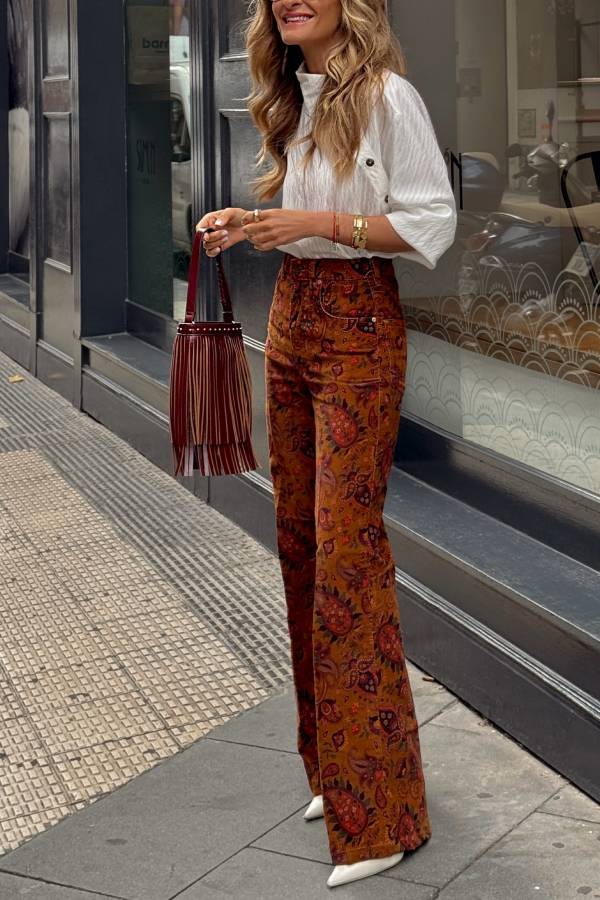 Brown Orange Paisley Print High Waist Flare Pants