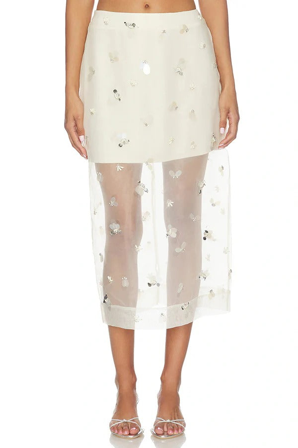 Chic Moment Sequined Organza Fabric Mid Rise Zipper Slit Midi Skirt