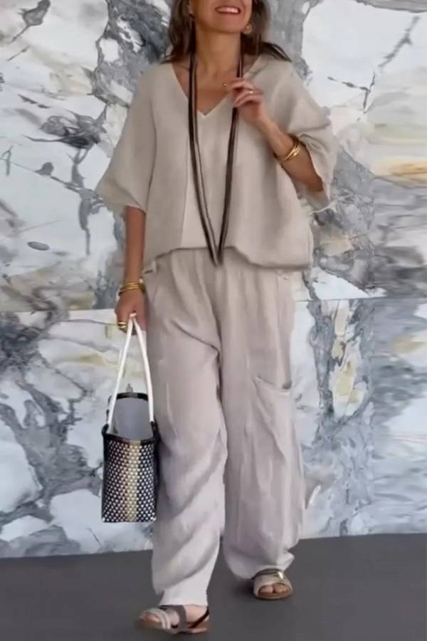V‑Neck Batwing Sleeve Linen Wide‑Leg Pants Two‑Piece Set