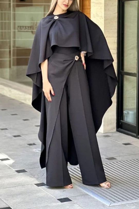 Elegant Two-Piece Cape Top and Wide-Leg Pants Set with Gold Brooch Accents