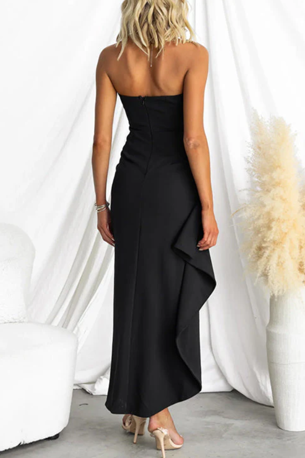 Elegant Strapless Ruched Slit Maxi Dress