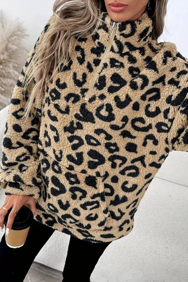 Leopard print plush half-zip stand collar top